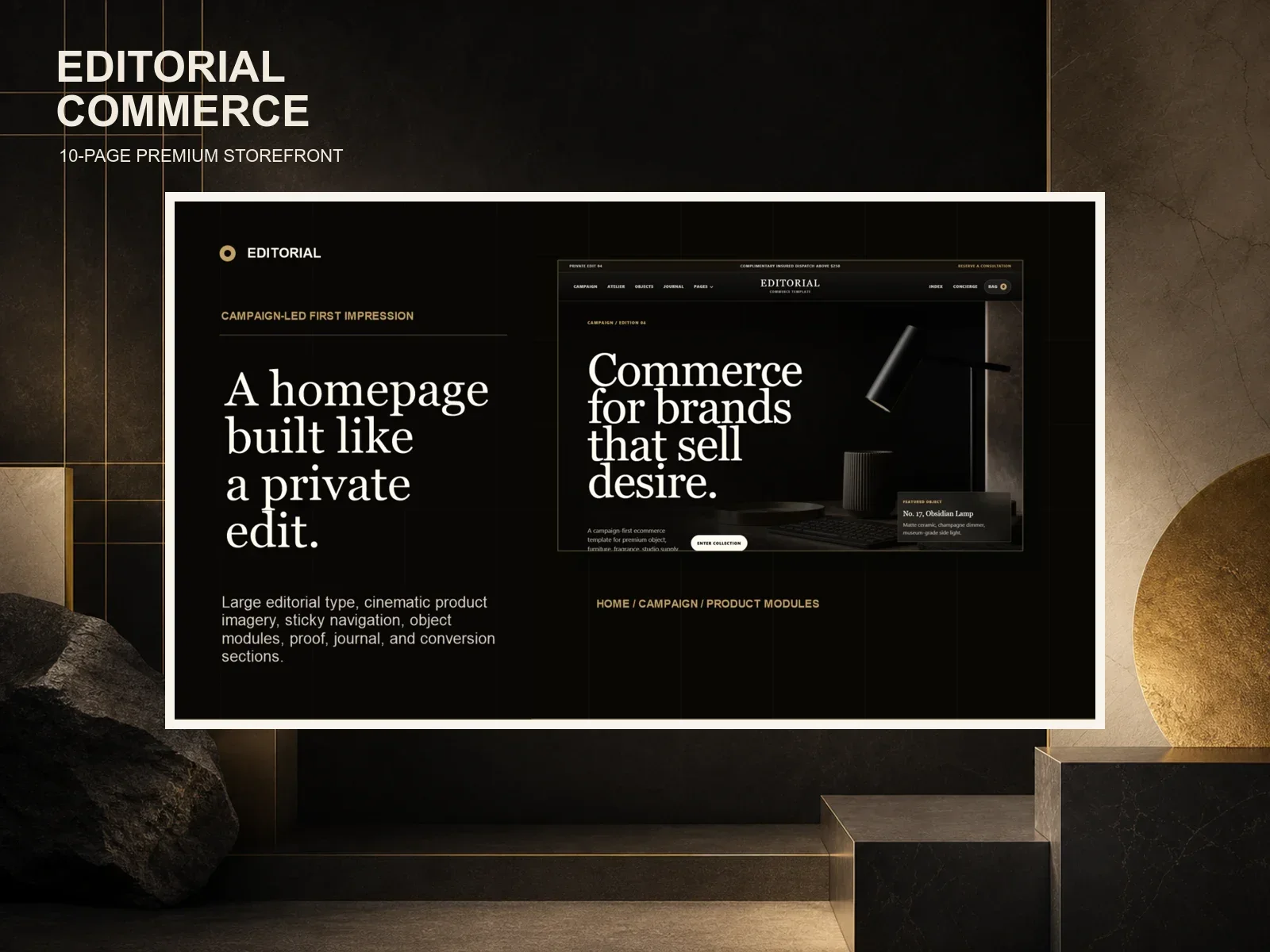 Editorial Commerce overview with campaign home and product-page previews