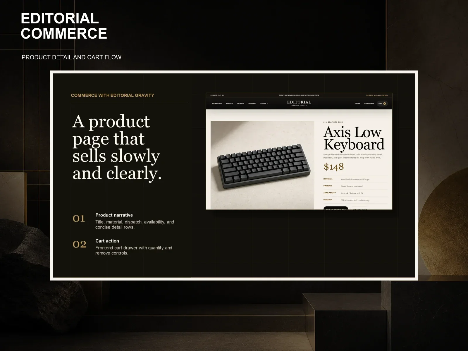 Editorial Commerce product page with keyboard photography, product facts, and purchase actions