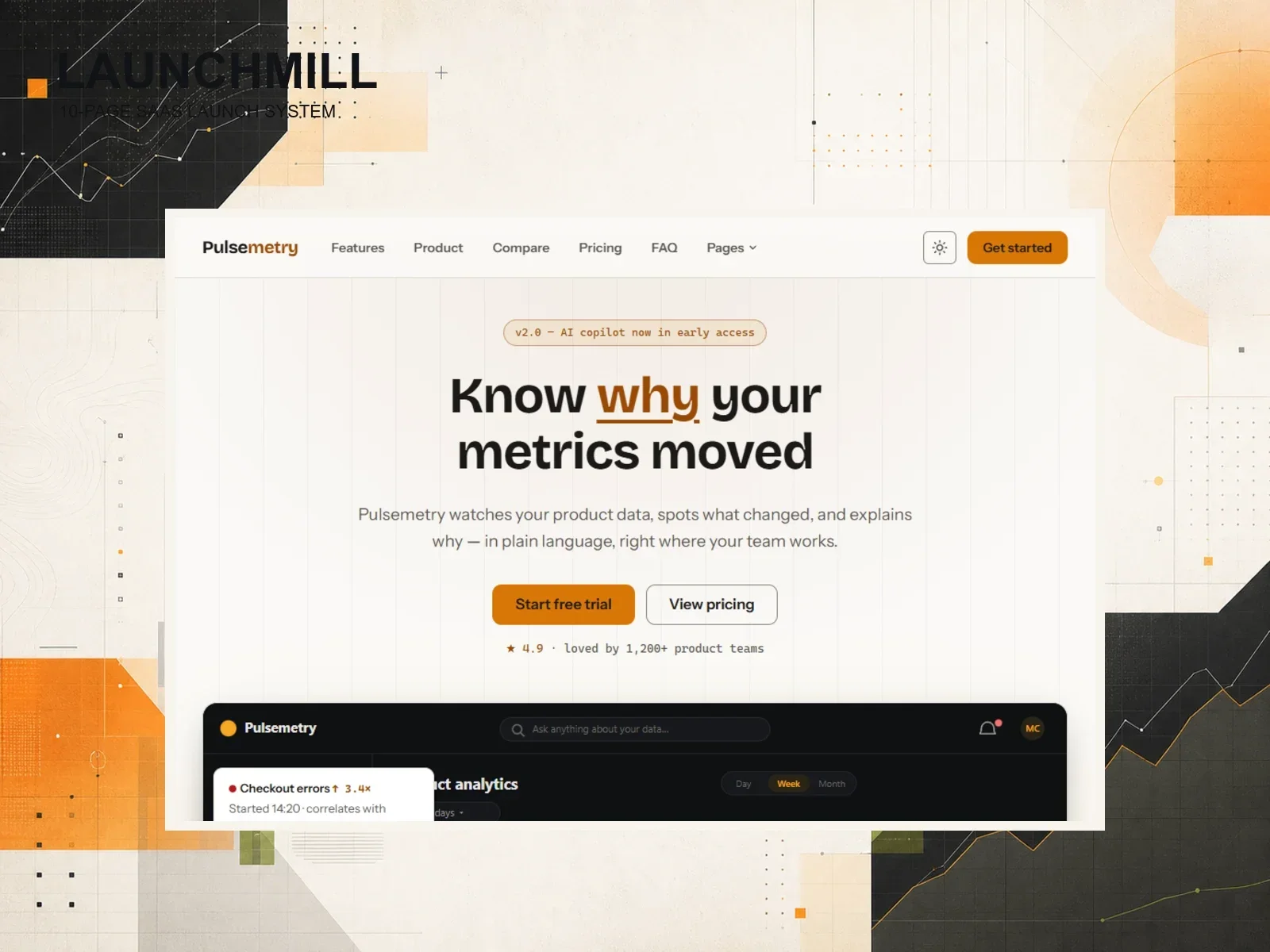 Launchmill overview with the Pulsemetry SaaS home page and analytics dashboard