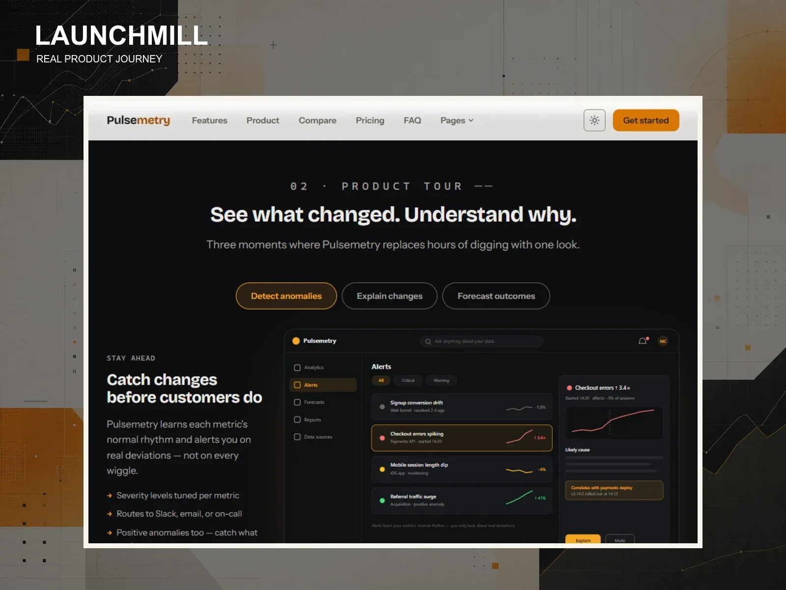 Launchmill tabbed product tour displaying the fictional Pulsemetry analytics interface