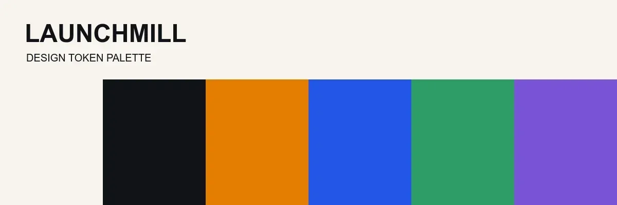Launchmill palette of warm white, ink black, amber, cobalt, emerald, and violet accents