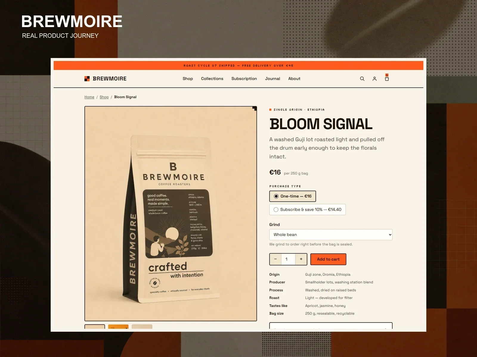 BREWMOIRE product page with gallery, purchase type, grind, quantity, and cart controls