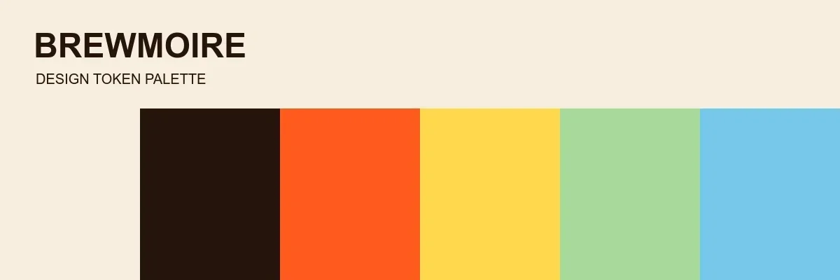 BREWMOIRE palette of cream, espresso, orange, yellow, mint, and sky blue