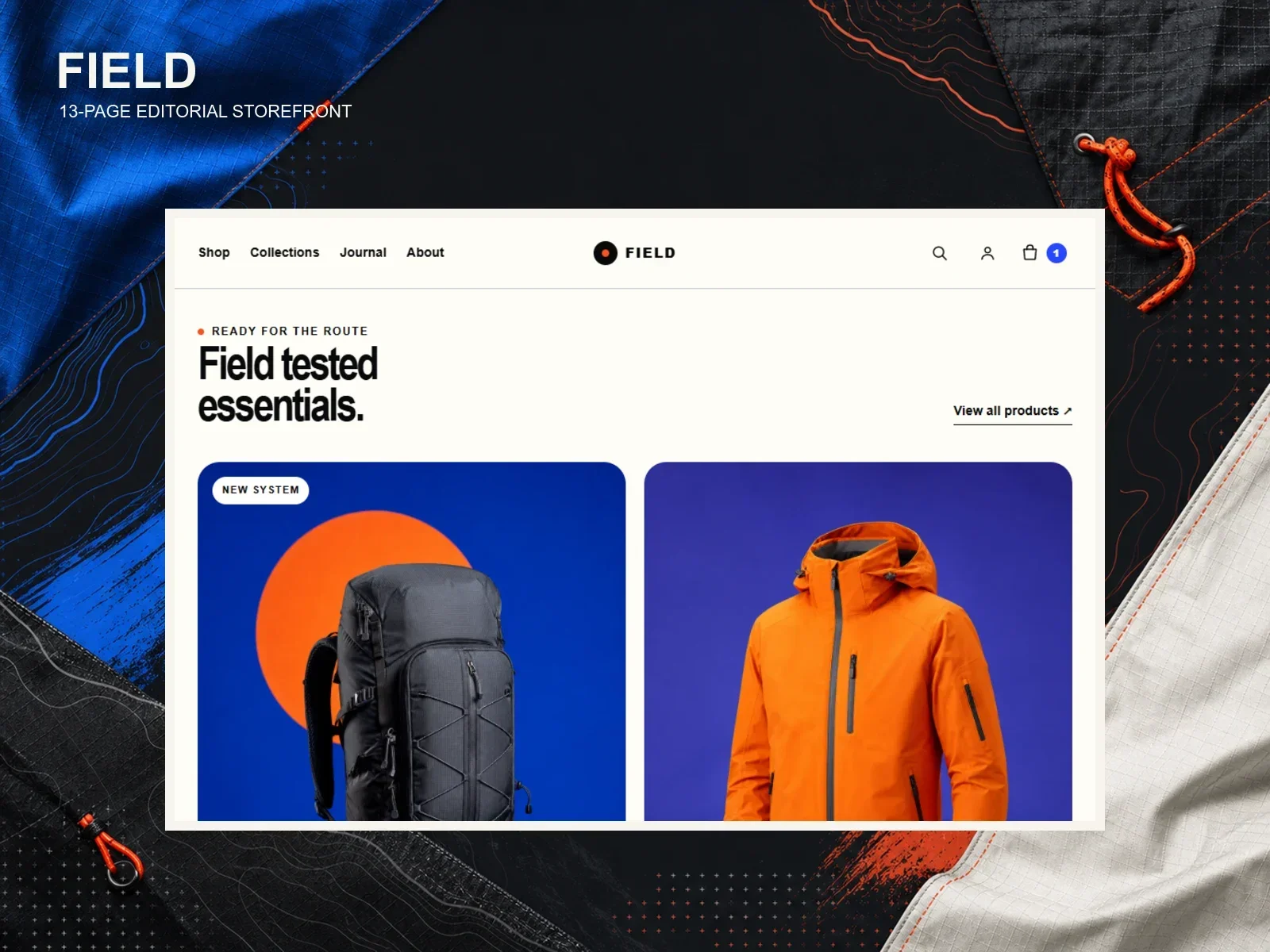 FIELD editorial ecommerce featured-product grid with outdoor equipment