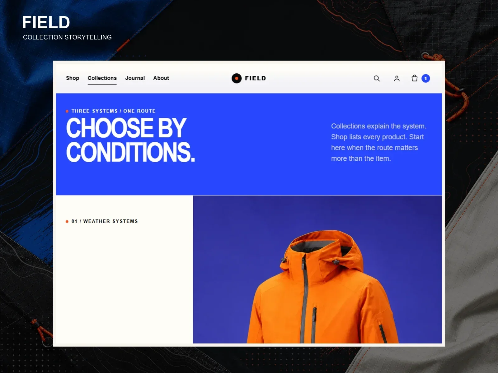 FIELD collections page with route-based product storytelling and outdoor apparel